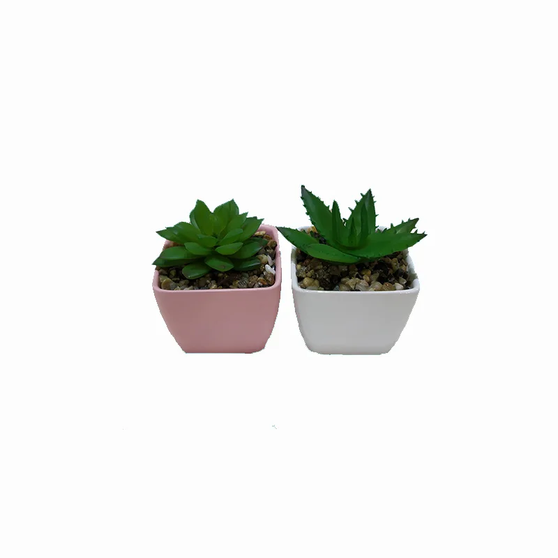
2 assortment square mini white ceramic flower pot with artificial succulent ceramic planter pot 