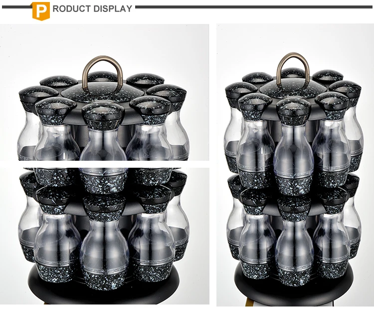 16 Jar Revolving Stainless Steel Glass Kitchen Storage Spice Jars Rack Set
