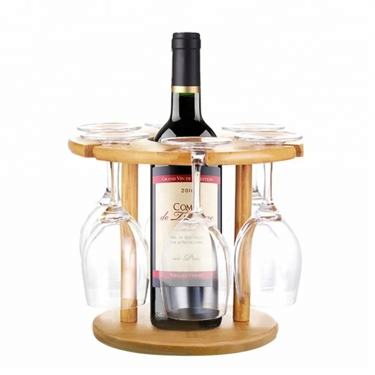 Bamboo Wine Bottle Glass Holder Hanging Upside Down Cup Goblets Display Rack for 6pcs Stemware Glasses and 1 wine bottle