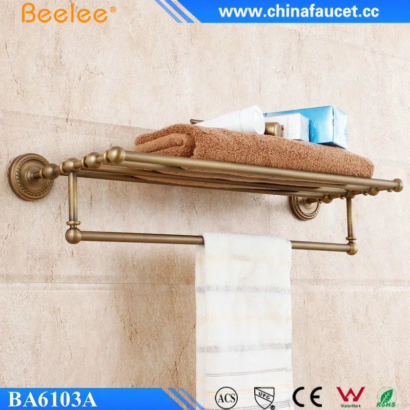 Beelee Antique Brass Toilet Towel Shelf Bathroom Towel Holder Rack