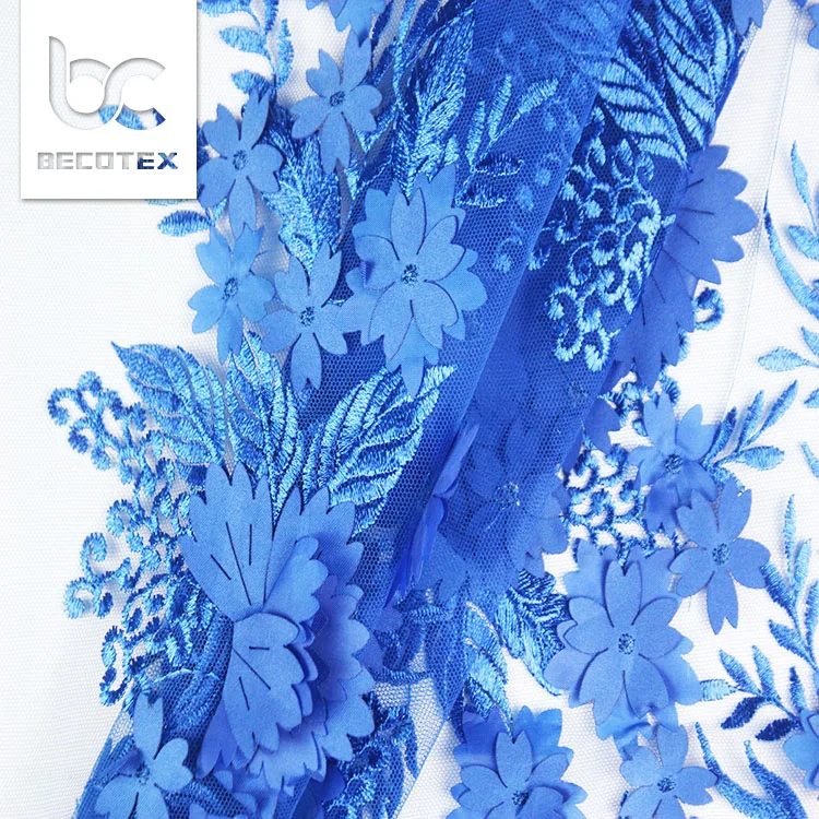 Elegant 3d flower beaded bridal lace royal blue 3d lace fabric