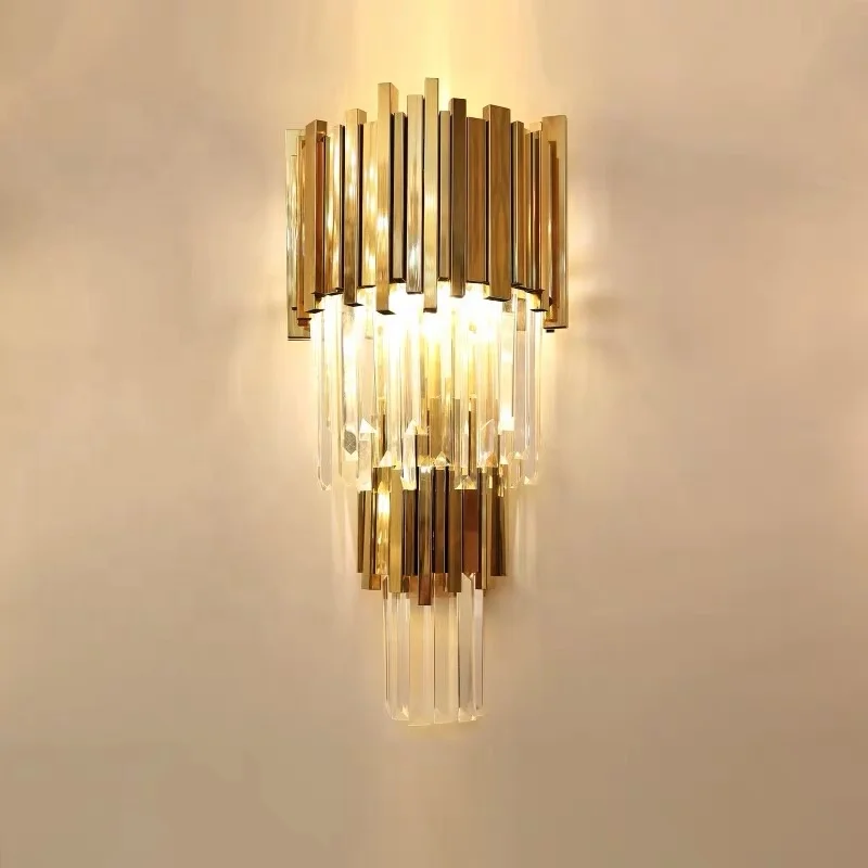 2 Tiers Interior Modern Luxury Brass Color Crystal Glass Wall Lamp For Living Room Bedside Decor