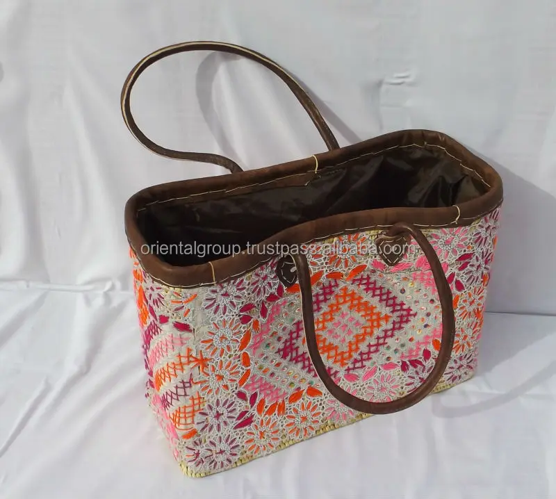 
Moroccan Handmade Pink multicolor Wicker basket 
