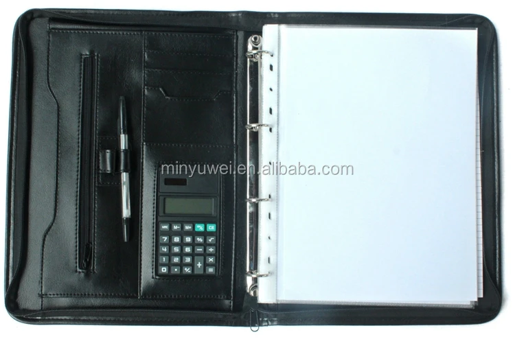 custom leather portfolio cases faux leather ring binder folio with Zipper Organiser Folder Folio