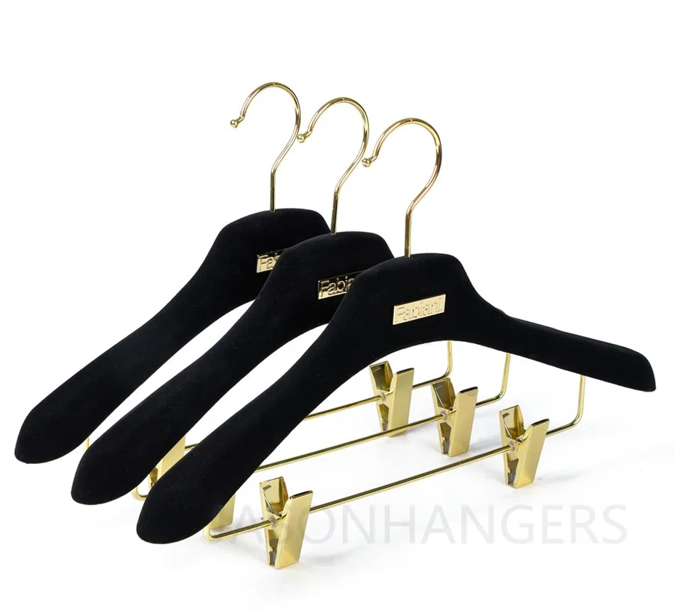 LGH0721 High Quality Branded Black Velvet Wooden Hangers with Gold Clips