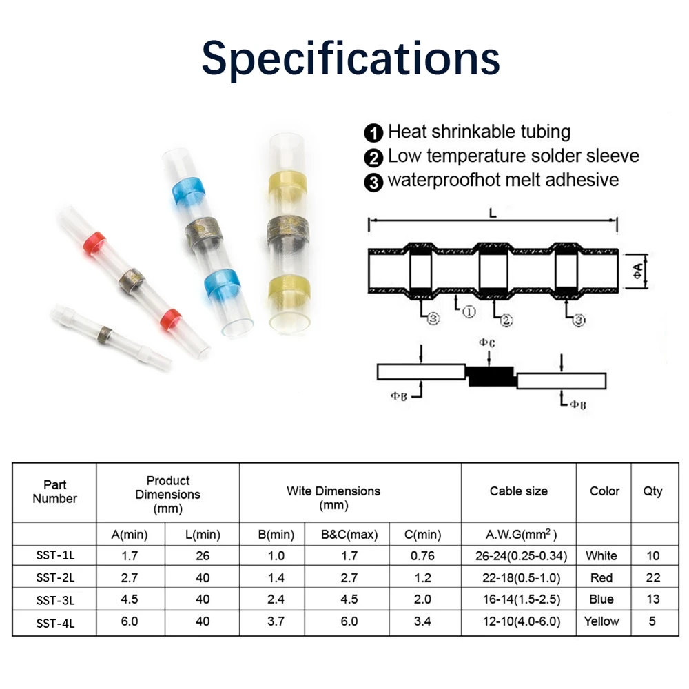 China manufacturer 100 pcs solder sleeves for wire electrical cable seal heat shrink butt terminal connector with great price