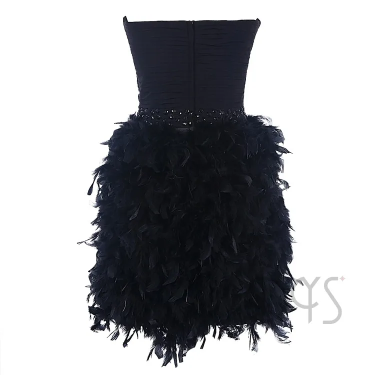 Европейский дизайн, цельное черное коктейльное мини-платье без бретелек с перьями