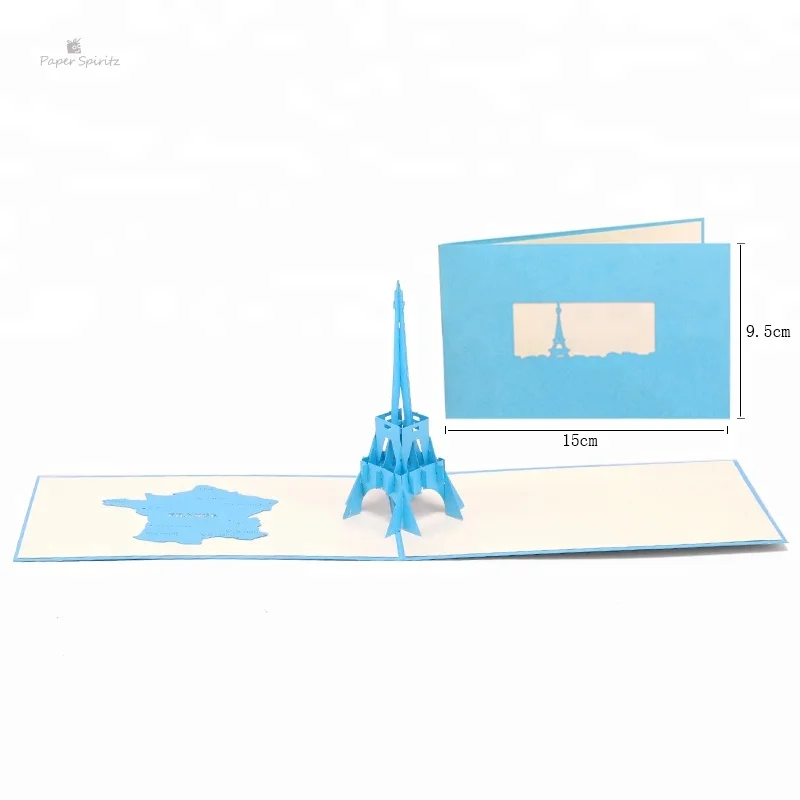 3D greeting card blue Eiffel Tower papercuting origami gift pop up cards