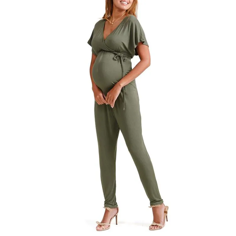Crossover V neck short sleeve one piece maternity jumpsuit women