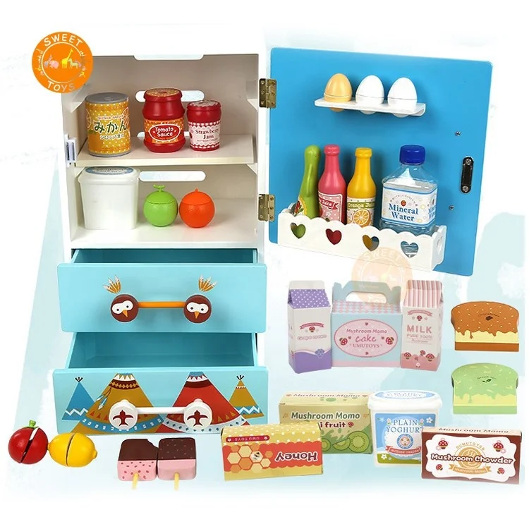 wooden Mini Fridge pretend toy play wooden kitchen set for kids wooden miniature Children refrigerator toys
