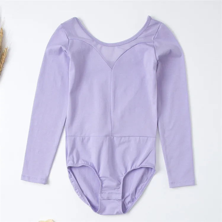 Wholesale High Quality Kids Girls Lilac Long Sleeve Spandex Mesh Ballet Leotards