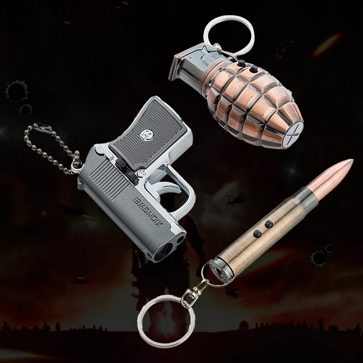 Multi-function Grenade Model lighting key chain flashlight gun pistol Toys keyring hand thunder bullets  With Led Keychain
