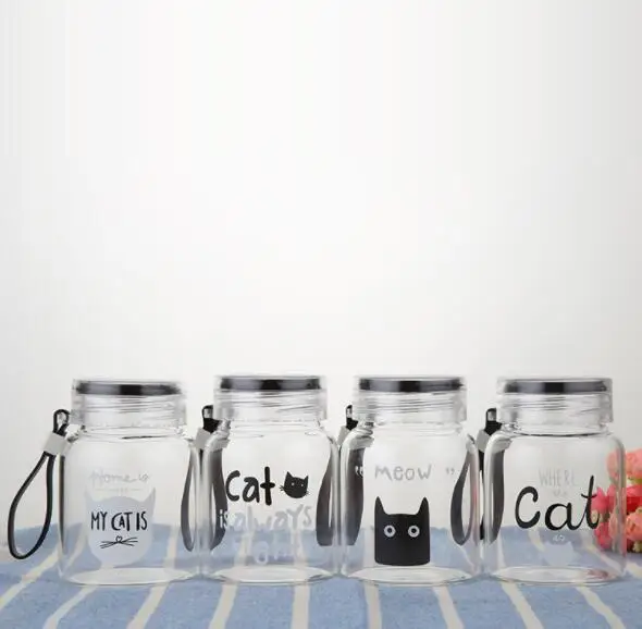 
Cartoon Cute Cat Glass Water Bottle with Cloth Protection Cover Cat Lookproof for Outdoors for Kids Glass Bottle With Handgrip 