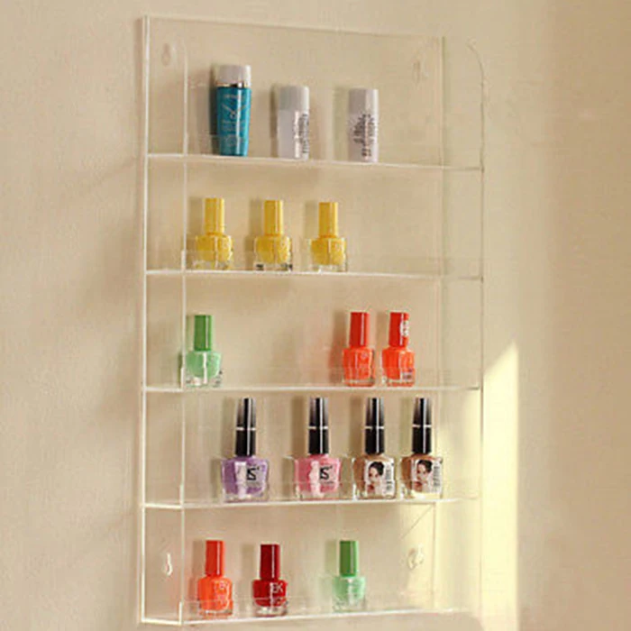 Disposable transparent stand for make up, 4 tiers plastic acrylic high clear wall mount nail polish shelves