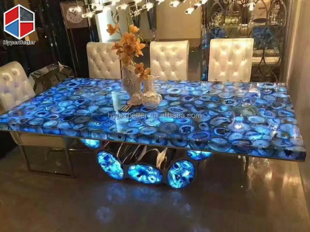 Backlit rectangle blue agate dining table
