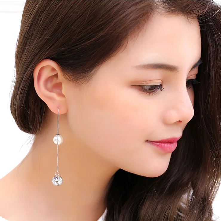 Fashion Tiny Box Chain Put Through Earrings Pearl and CZ Charm Dangling Earrings