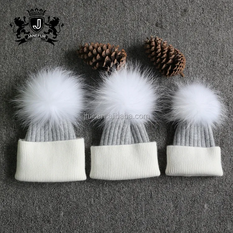 Wholesale Raccoon fur pom kids crochet angora beanie winter hat with top ball