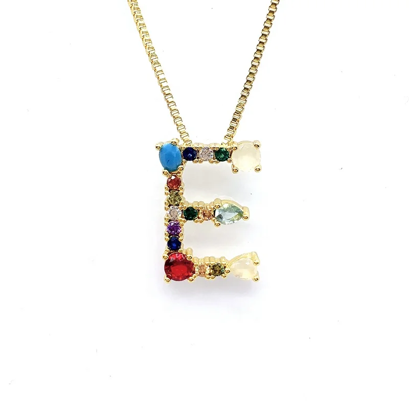 
Brass Gold Plated Jewelry A M 26 Rainbow Color Zircon Stone Initial Letter Necklace Carta Joyas Collar 