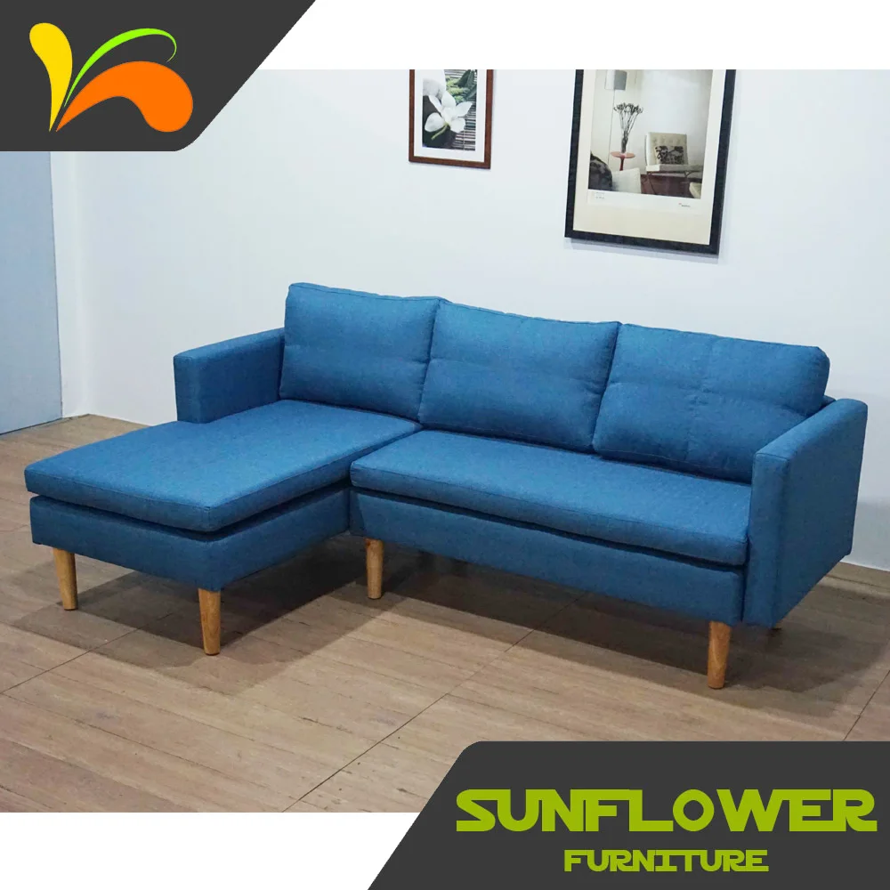 Fashion design wooden frame Double Cushions corner sofa with wooden legs Small Size Fashion L Shape Sofa