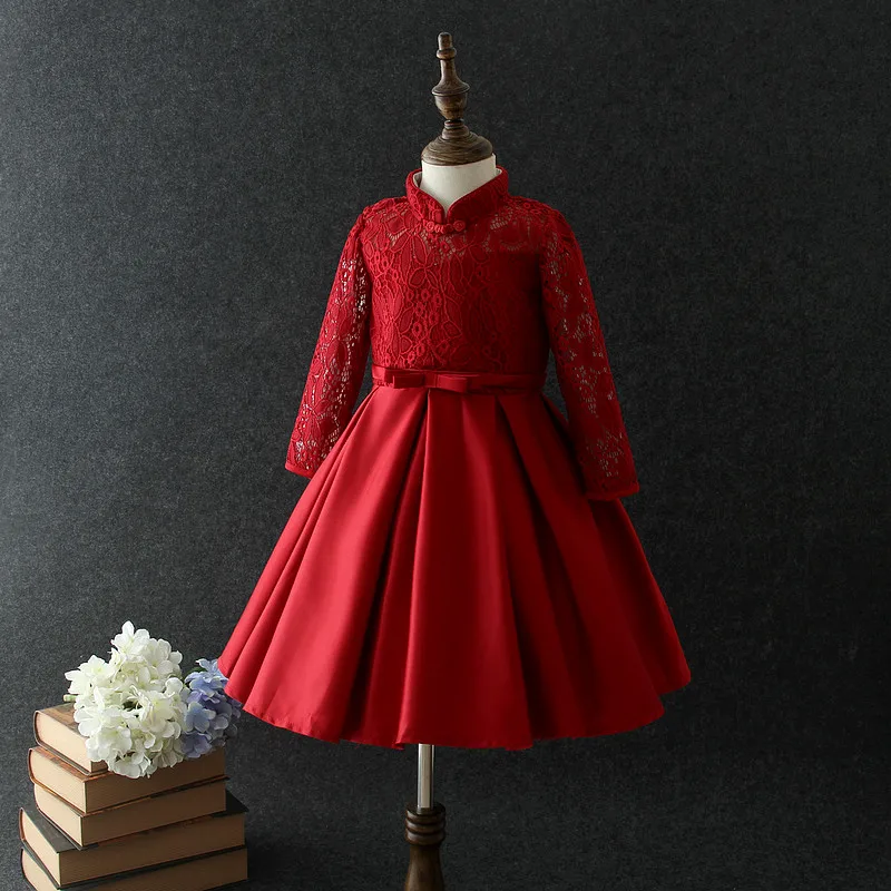2024 Chinese knot beautiful baby red lace dresses with long-sleeves