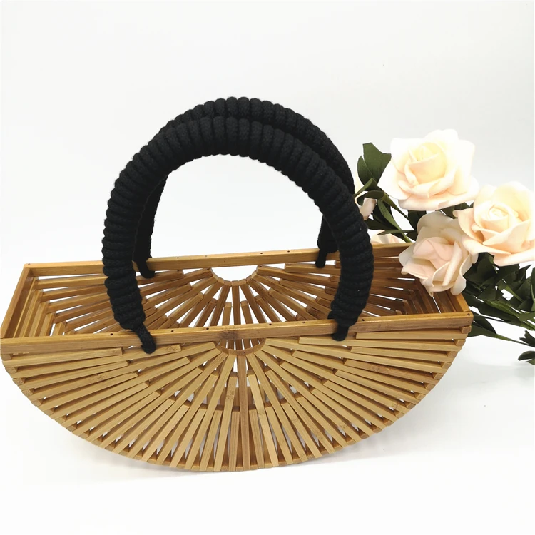 
Ins hot sale bamboo tote bag women beach shoulder half moon wood bamboo rattan handmade weave hollow out clutchbag 