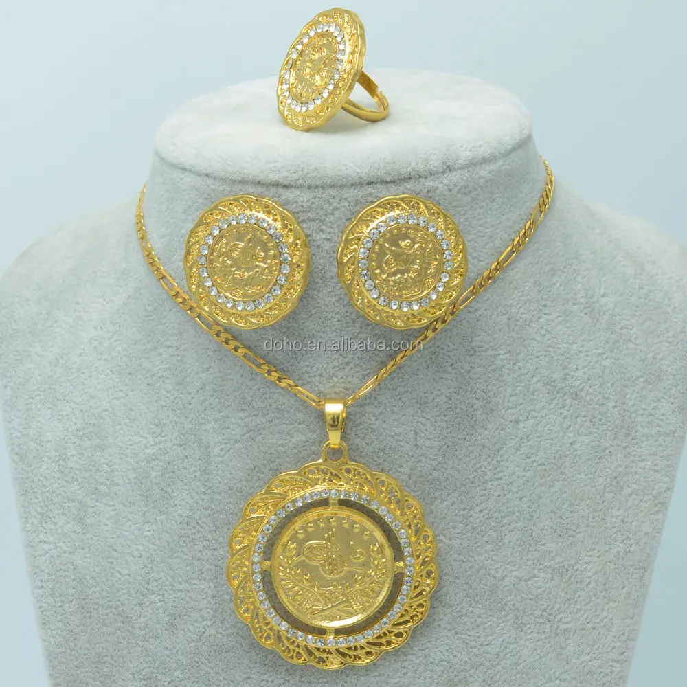 Coin Jewelry sets Gold Plated Coins Pendant Chain Earrings Ring Turkey Jewelry
