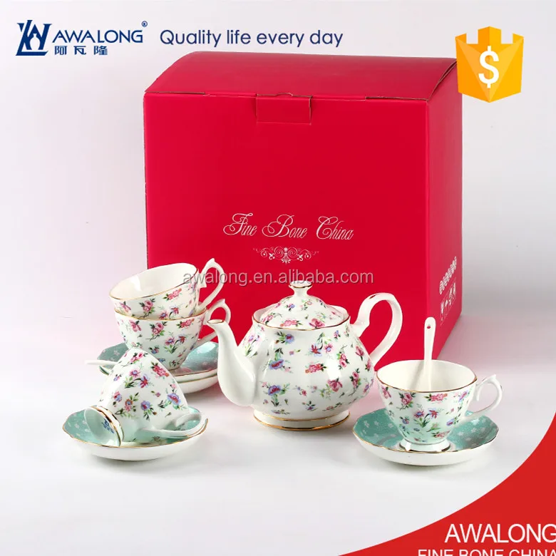 Garden tea gift set for family / fine bone porcelain 4 sets cups saucers tea pot set