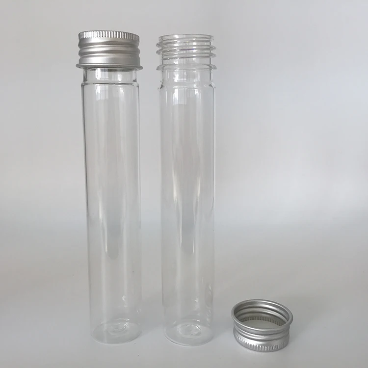 Customize flat bottom plastic PET 2 oz 65ml transparent test tube container with aluminum screw cap pressure sensitive seal