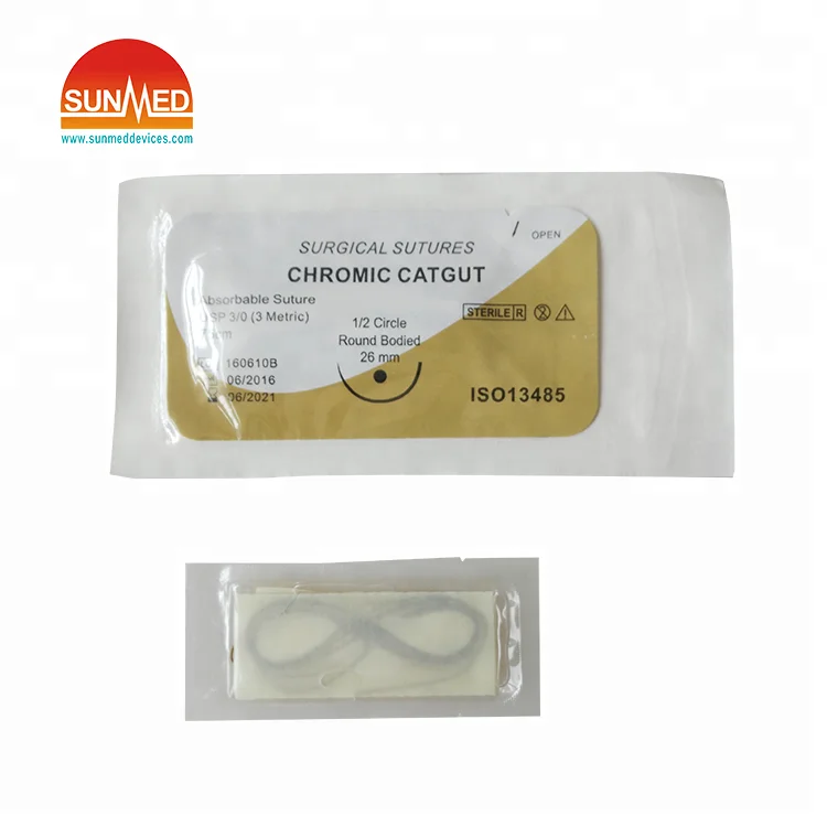 
absorbable surgical chromic catgut sutures USP 3/0 75cm 1/2circle round bodied 26mm medical sterile 