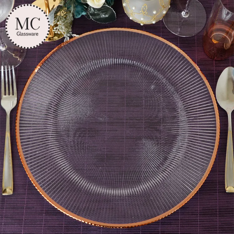 Rose gold rim wholesale clear glass charger plates