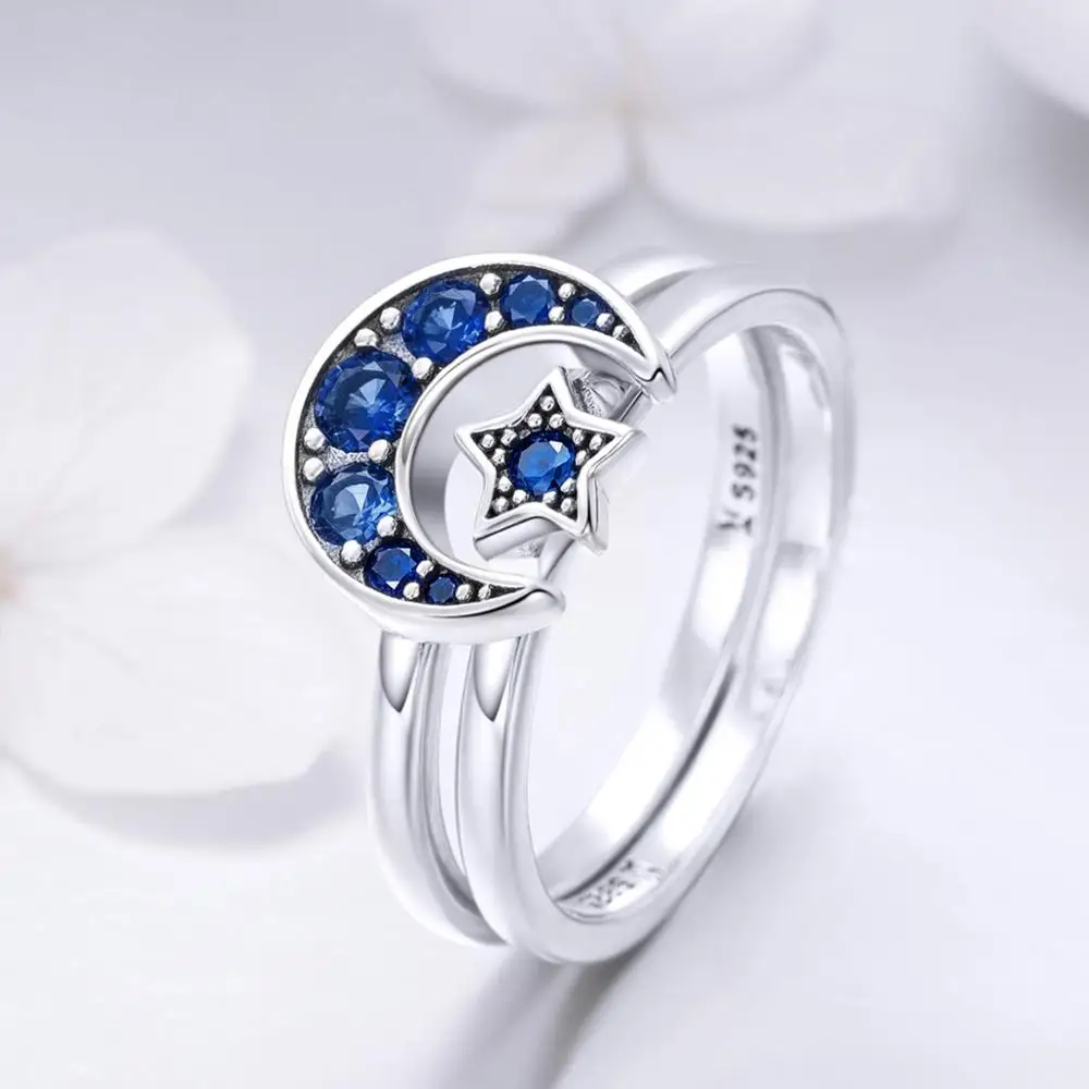 BAGREER SCR412 S925 Women personalized two finger Ring Set Fashion Moon Star Zircon Ring Gemstone Jewelry ring girls