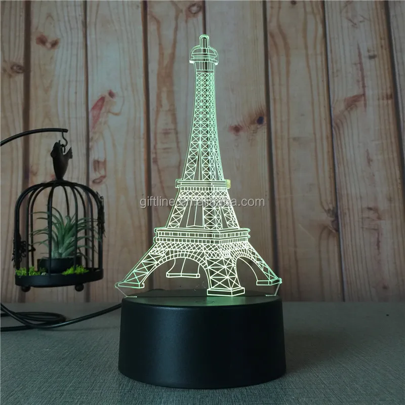 Custom The Eiffel Tower Acrylic 7 Colorful 3D Optical Illusion Night Light LED Table Desk Lamp