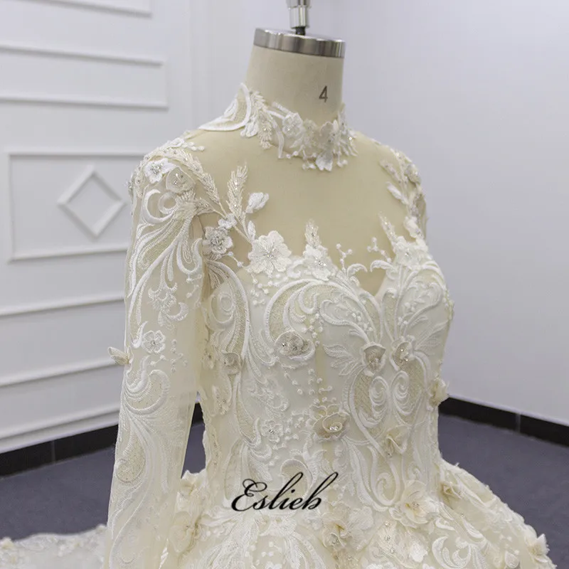 Eslieb SJ196 real photo high neckline champagne heavy beaded  lace pearl lace embroidered muslim  wedding dress