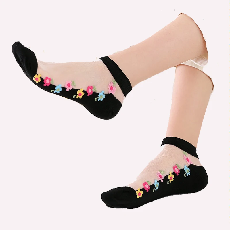 Fashion flower design crystal sheer socks women nylon silk socks for sale