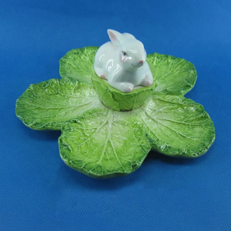Personalized cabbage shaped ceramic plate dinner with white rabbit decor