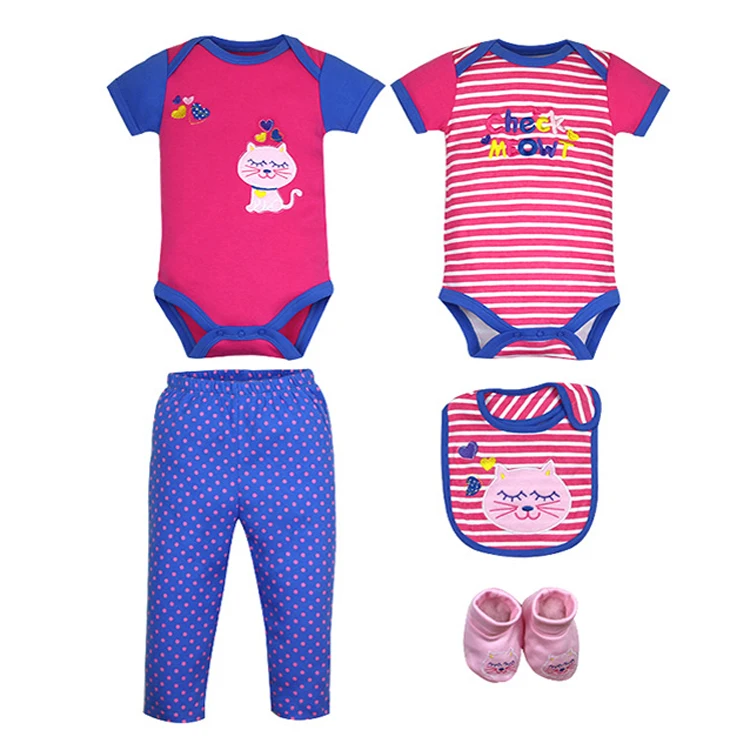5 in 1 newborn baby clothing set summer baby short sleeve romper matching with long pants&shoes&bibs
