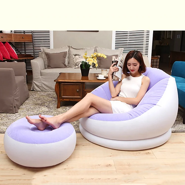 Inflatable Sofa Lounge Air Chair Indoor Outdoor Living Room Flocked PVC With Foot Rest Ottoma Stool