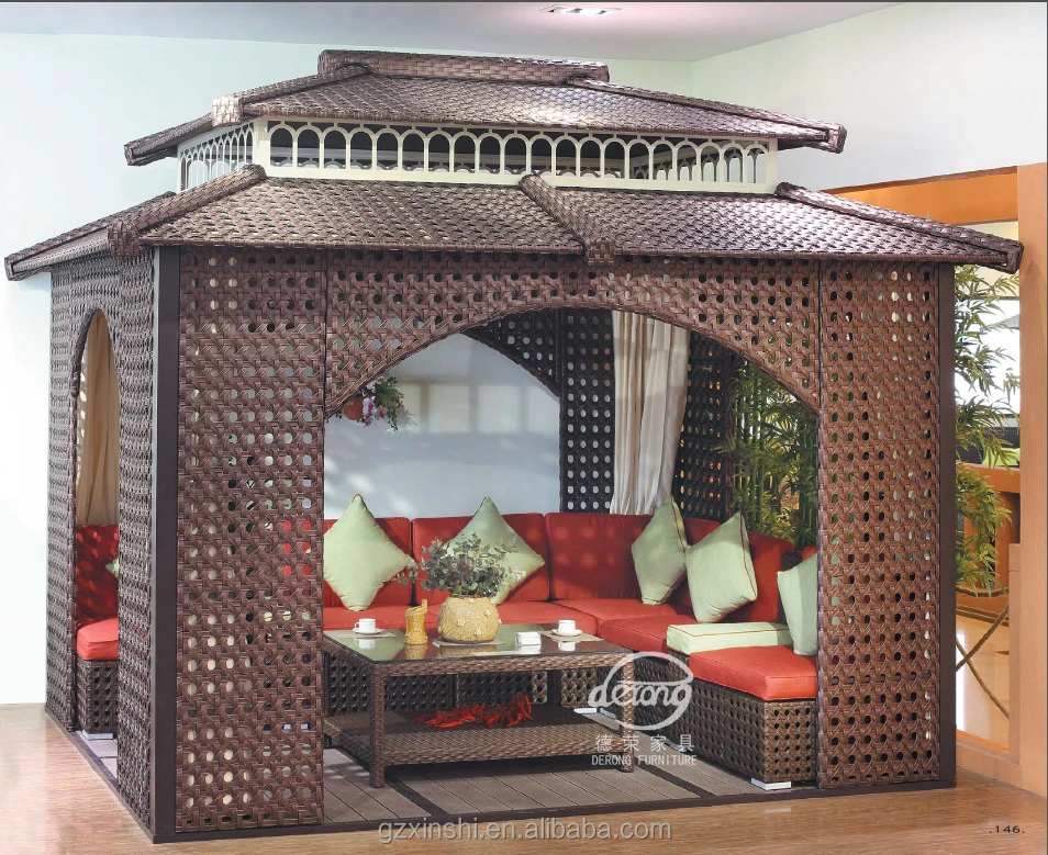 High quality big rattan durable wicker gazebo with sofa set and table for outdoors