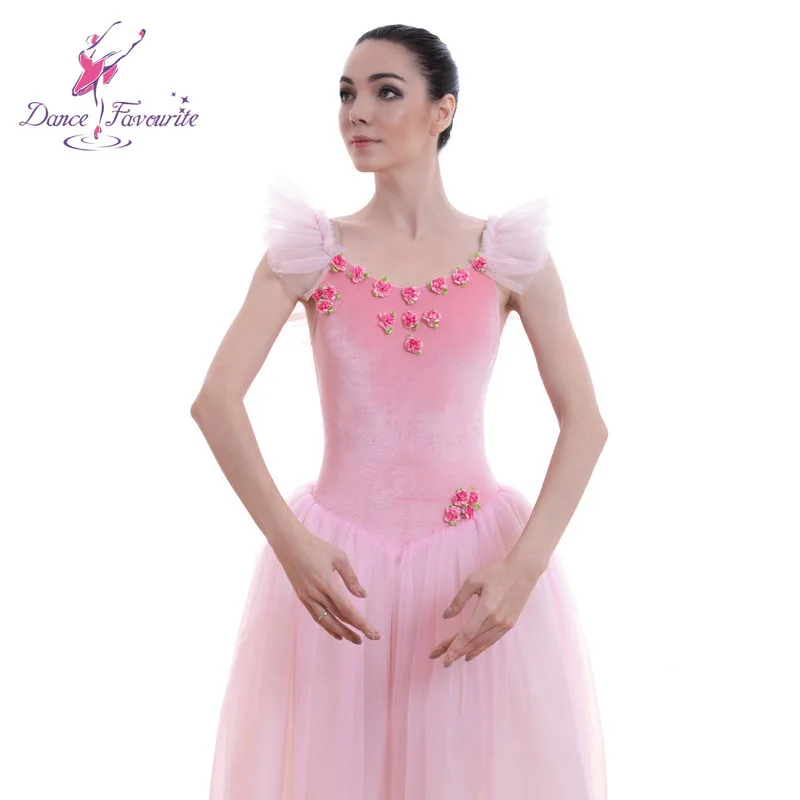 Pink romantic long ballet dance tutu velvet leotard bodice with long soft tulle tutu skirt 18582