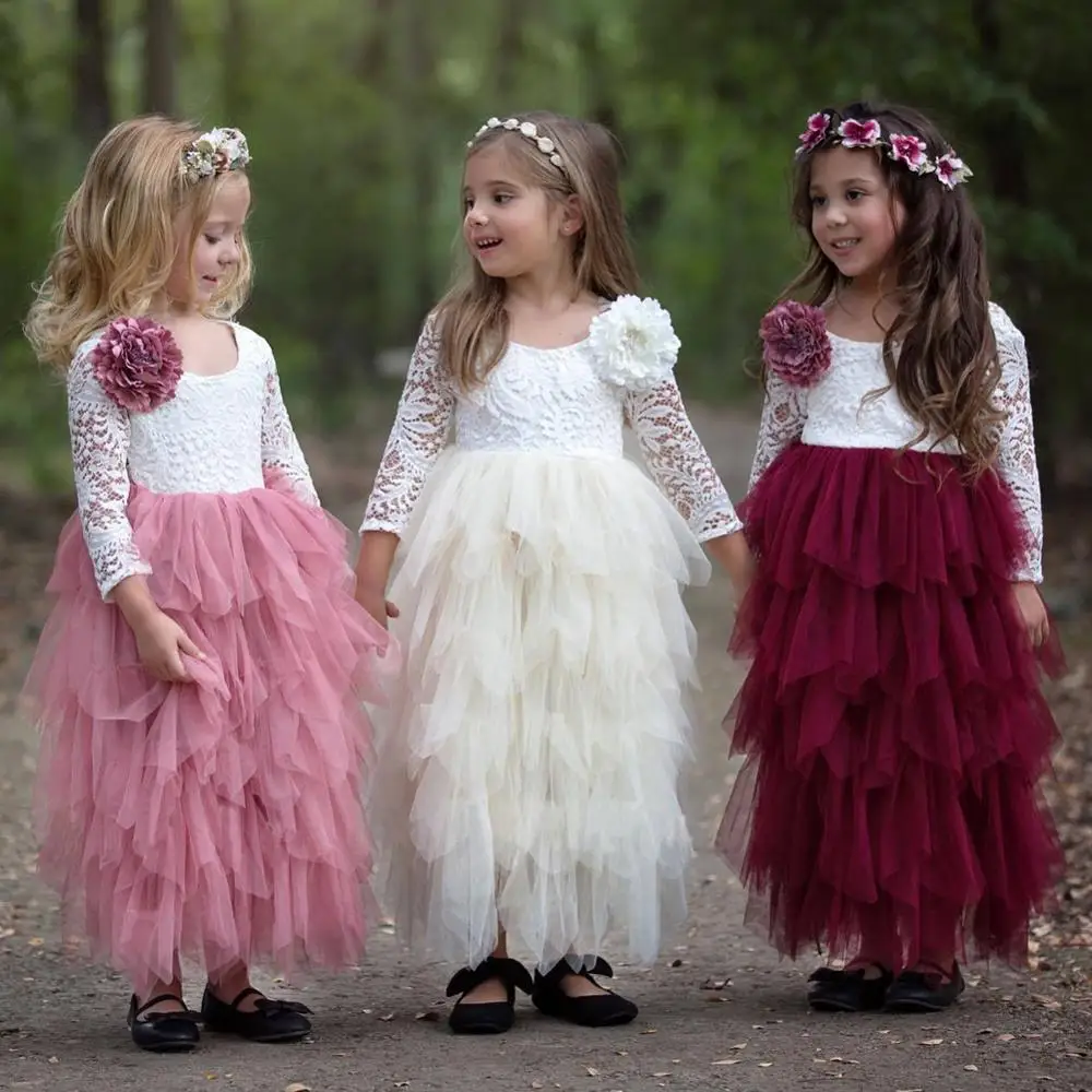 Puffy Lace Pearls Pink Flower Girl Dresses 2019 Sleeveless Soft Tulle Ball Gown Pageant Dresses For Girls Communion Dresses