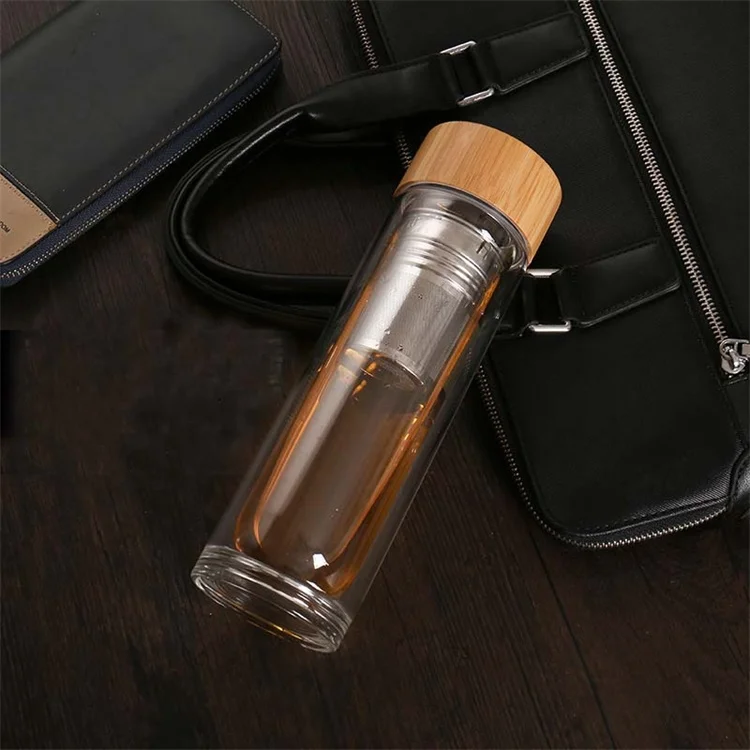 2019 double wall portable bamboo lid glass tea infuser water bottle for office