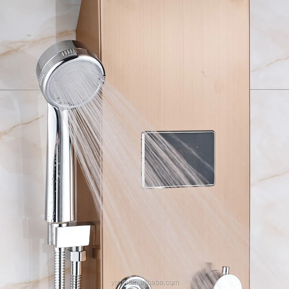 LED Shower Panel Column Rose Golden Waterfall Rain Shower Head Massage Tub Spout Hand Spray