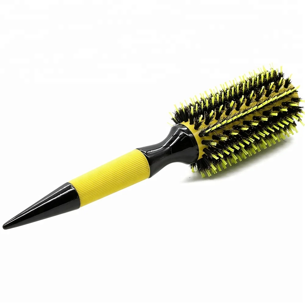 Shining Yellow Ceramic Coating Barrel Round Brush Boar Bristle Curling Hair Brush