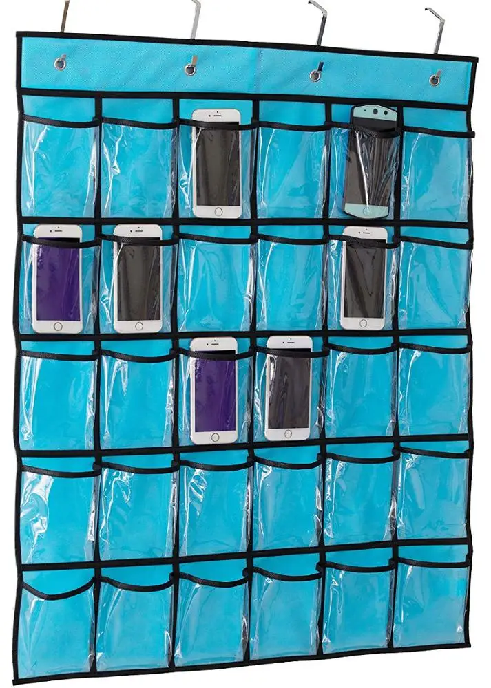 Classroom Pocket Chart for Teacher Cell Phones Holder Door Hanging Calculator Organizer, 30 Clear Pockets
