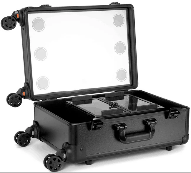 Rolling Makeup Case With Led Light Mirror Adjustable Legs Lockable Train Table Studio Artist Cosmetic