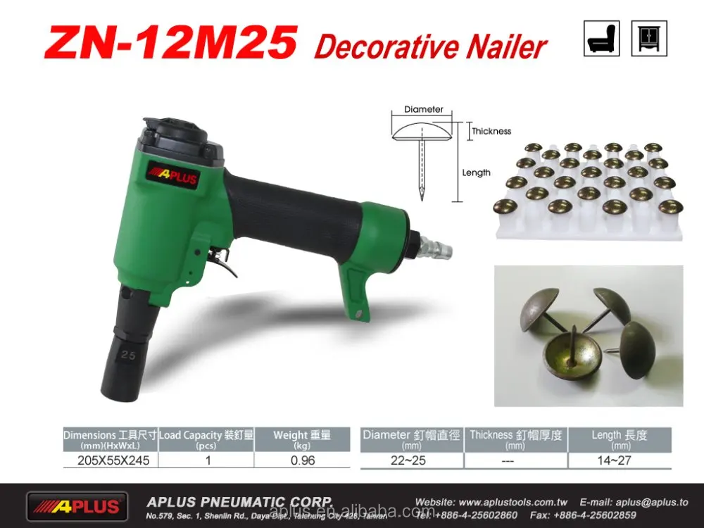 APLUS ZN-12B, air decorative nailer for sofa loading by loss nail, it can automatic feed. control auto feed speed by air.