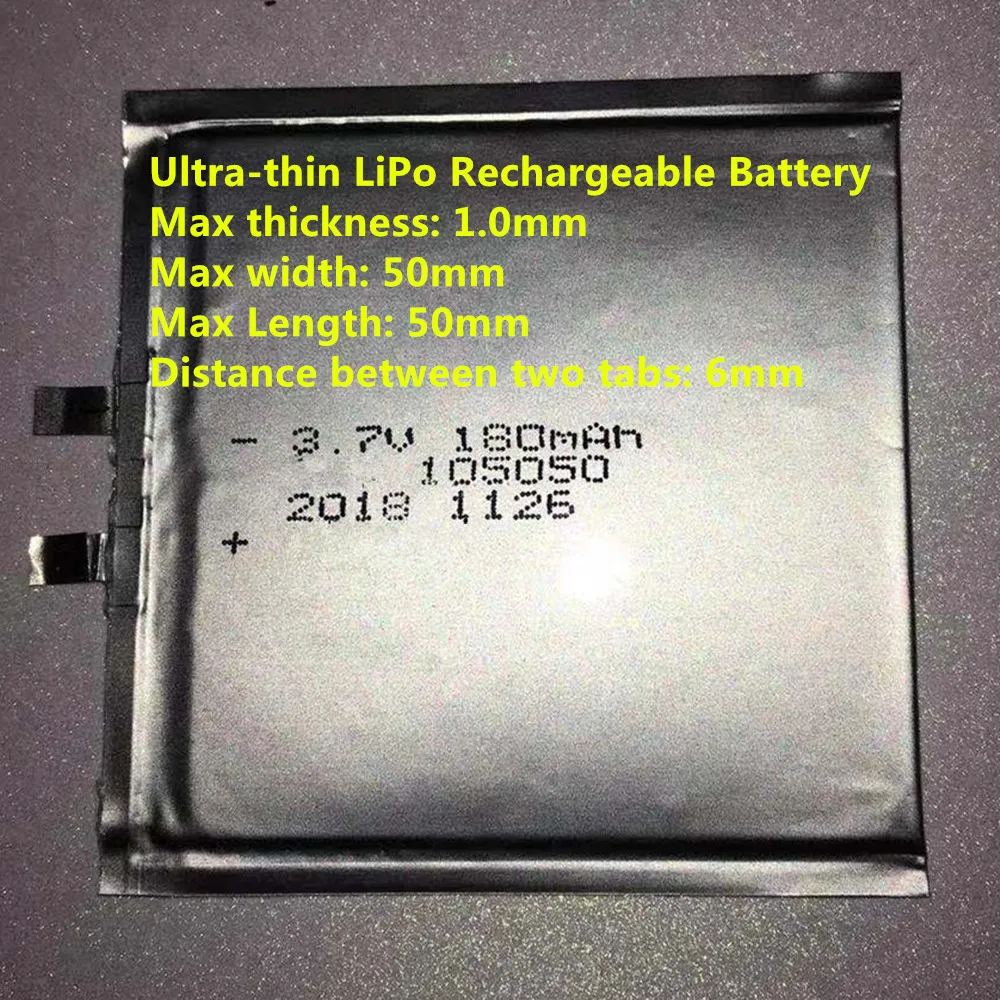 1mm ultra thin lipo battery 3.7V 105050 180mAh