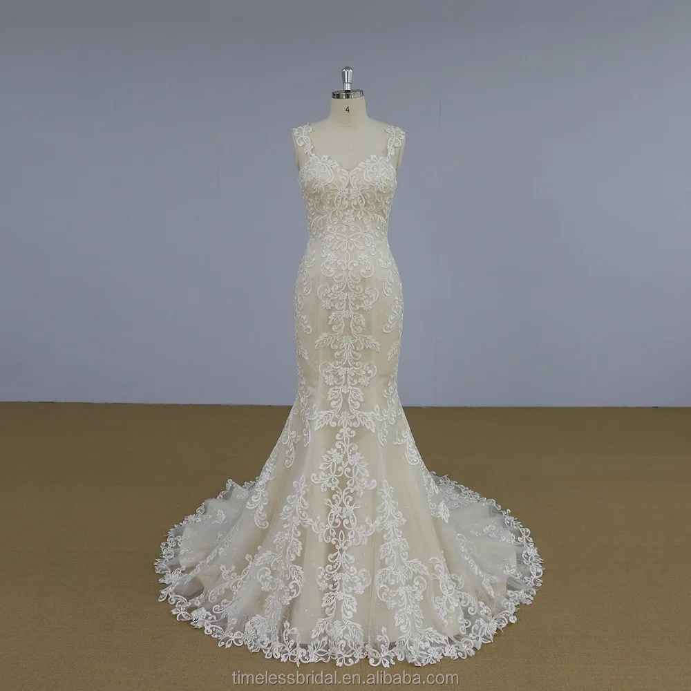 2018 spring fashion champagne mermaid lace wedding gowns bridal dress