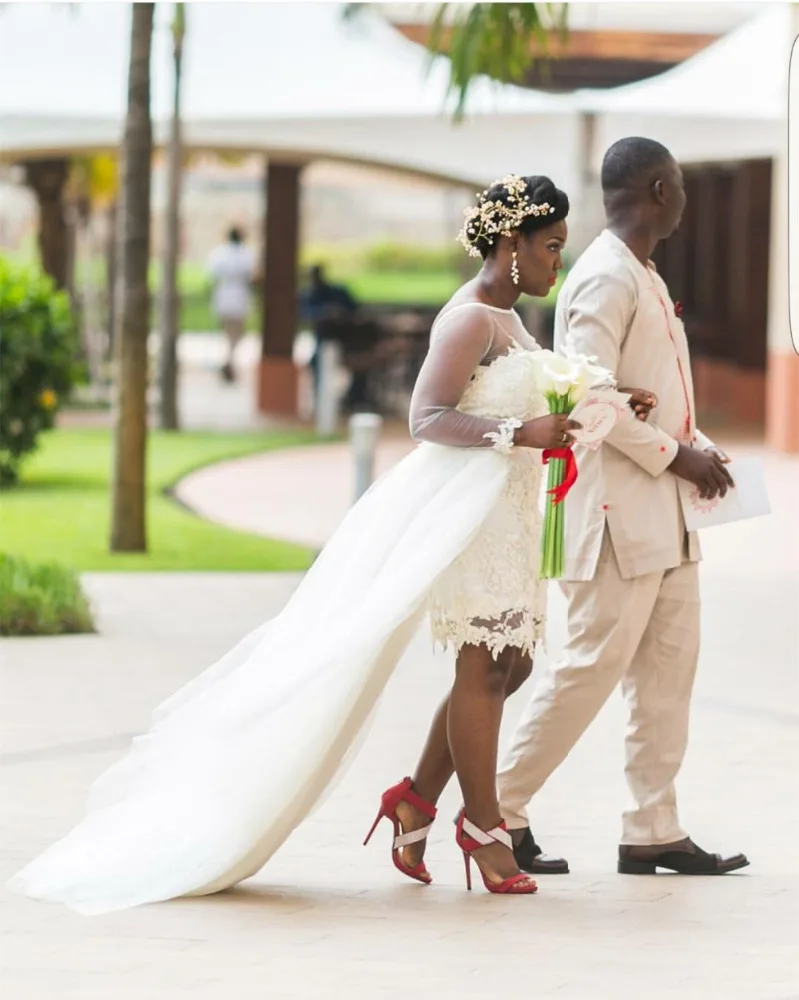 NE178 Cheap Sheath Long Sleeves Lace Detachable Skirt Short Wedding Dress Backless Applique Knee Length African Wedding Dresses