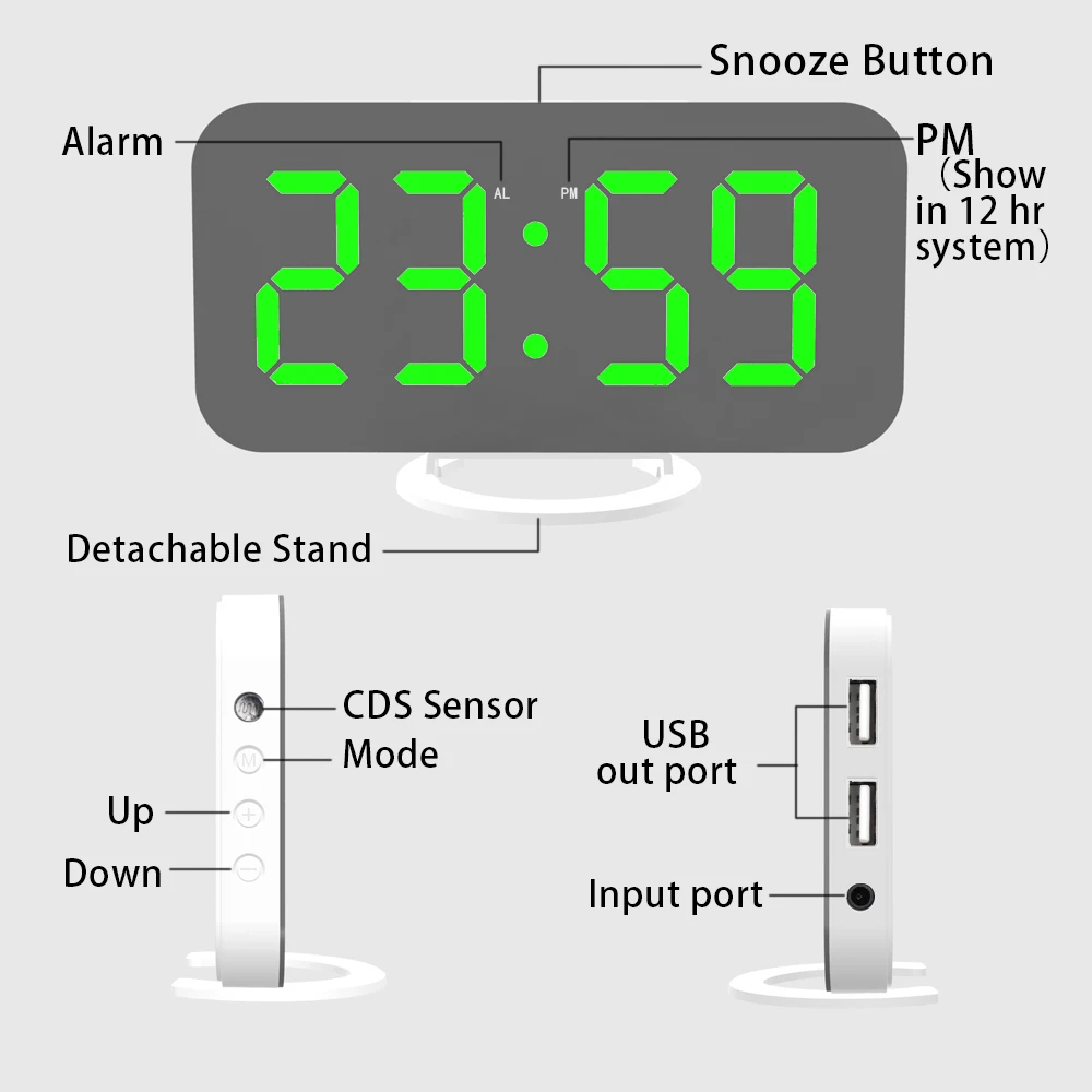 Korea Hot Seller White Digital LED Mirror Alarm Clock 24 hours Desktop Decorative Wall Clock with USB Charger